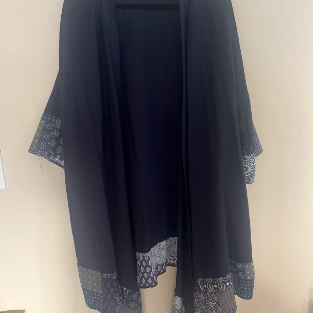 Coofandy Poncho Women 3X Black Gray Blue Patchwork Trim Rayon Linen Kimono Wrap